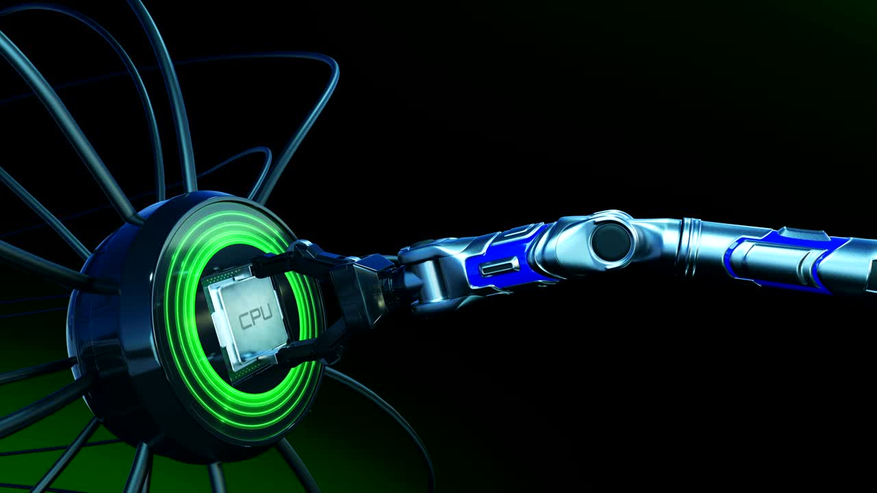brazo robótico colocando la cpu en una placa de circuito futurista con señales verdes. placa base de animación 3d con cpu y llamaradas. tecnología y concepto digital. 4k ultra hd 3840x2160.