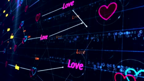 cyber love symbols on servers room in background loop