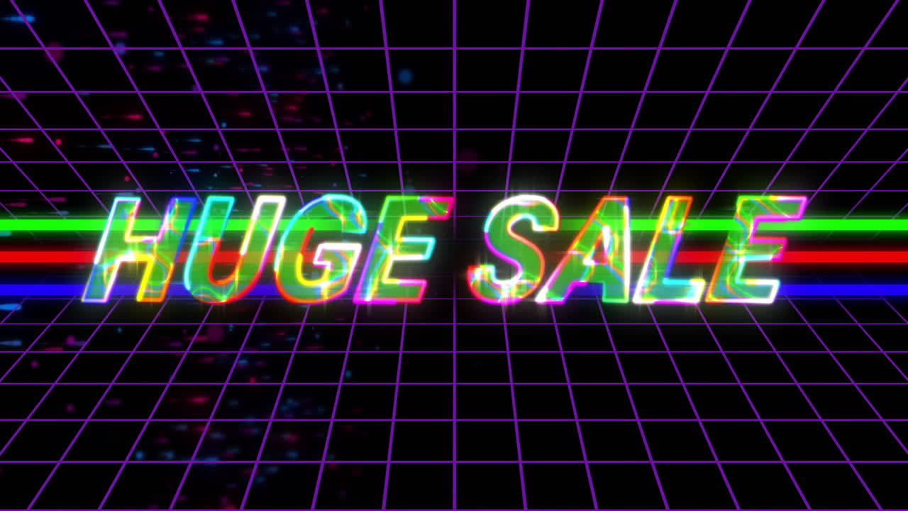 Animation of retro neon Huge Sale text with grid background and colorful lights