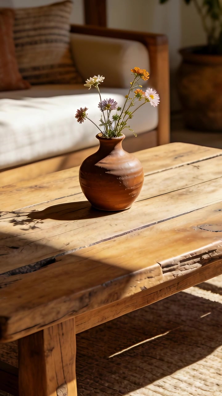 Video verticale: La luce del sole si sposta, la telecamera si inclina centrando un vaso di argilla con fiori selvatici in casa.