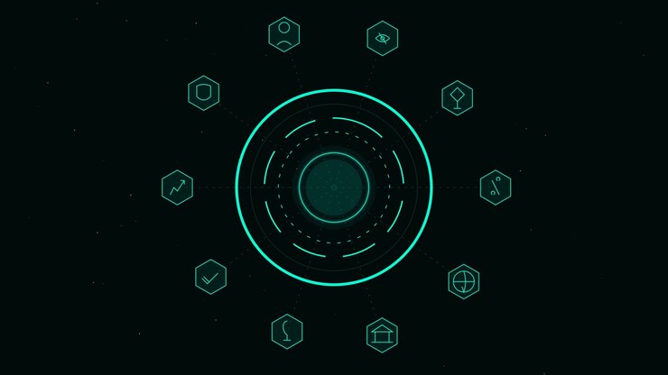 Digital Interface with Circular HUD and Hexagonal Icons