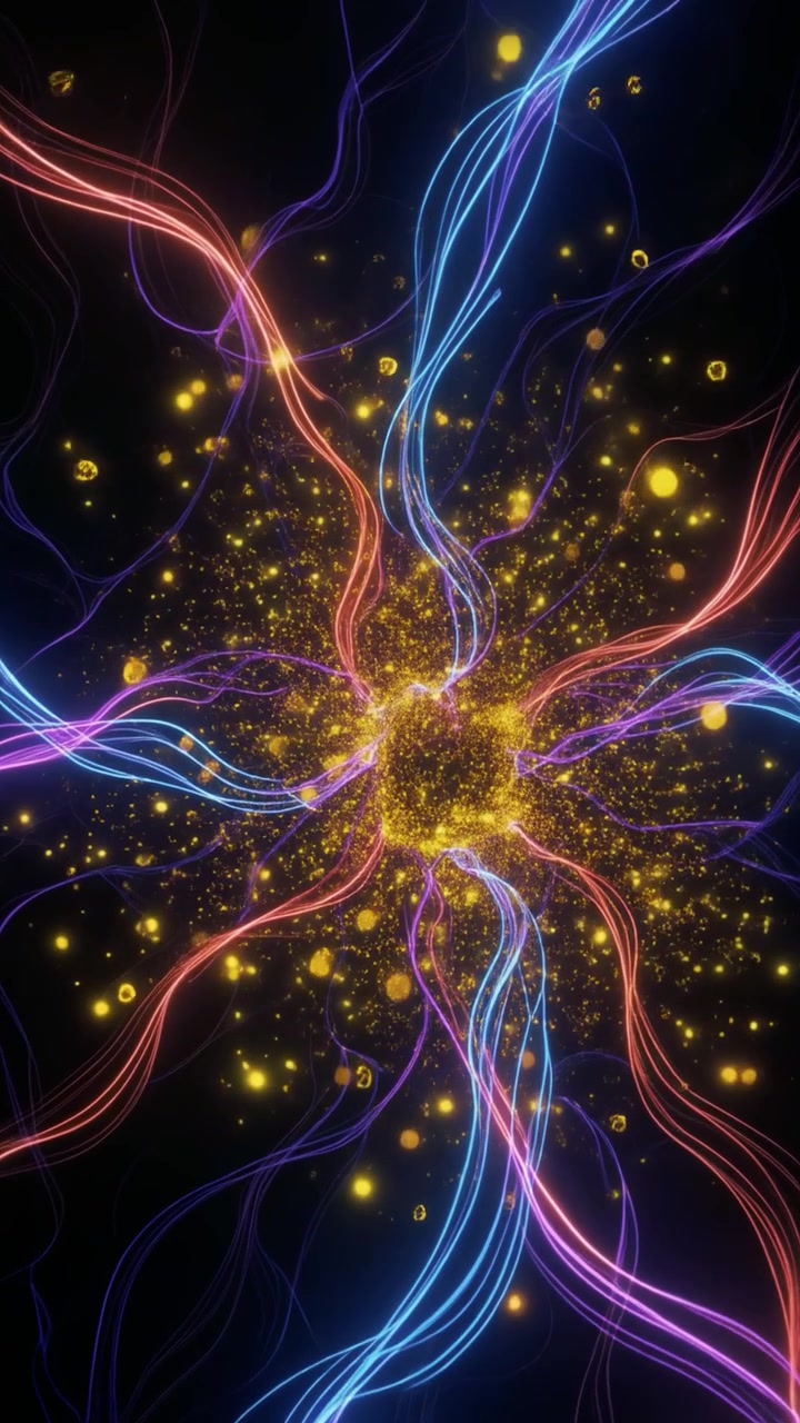 Linee di energia luminose astratte che si irradiano da un nucleo di particelle dorate