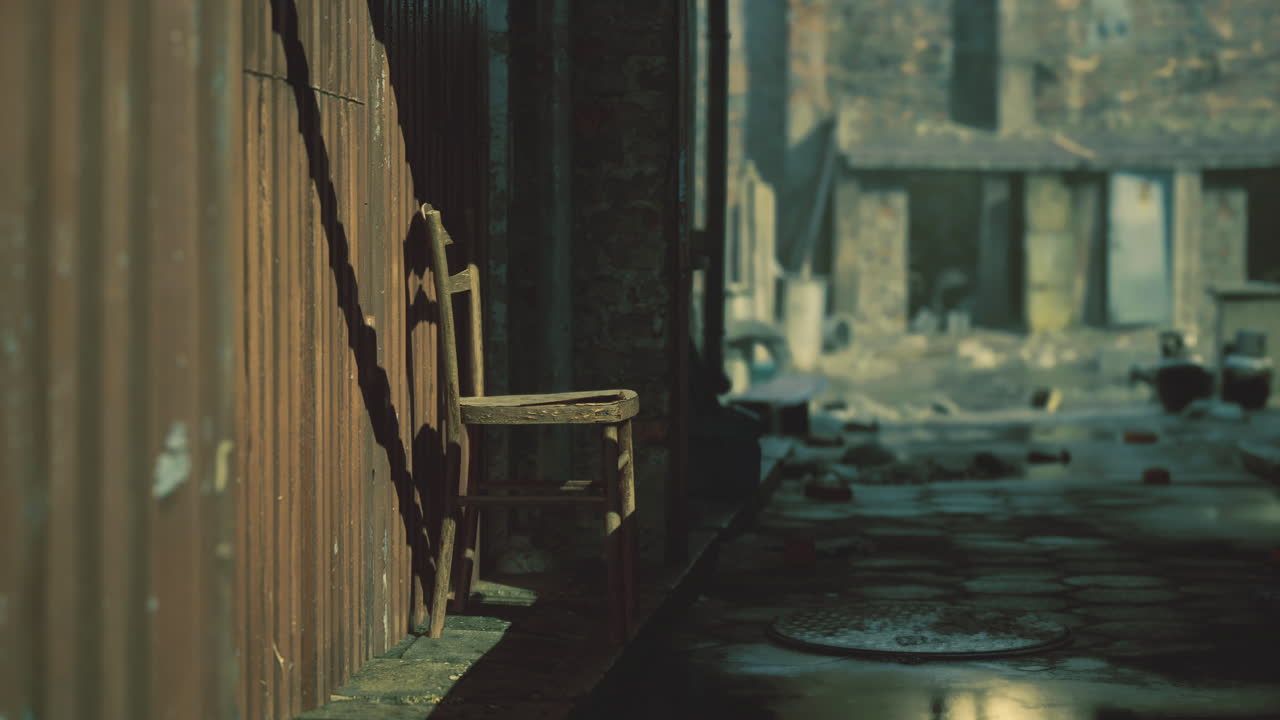 Abandoned alley with a wooden chair foreground during daylight hours