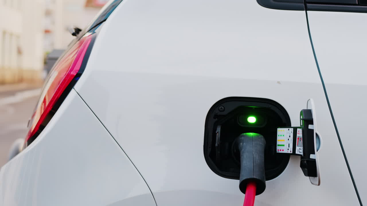 Close up of an electric car charger plugged into a white car