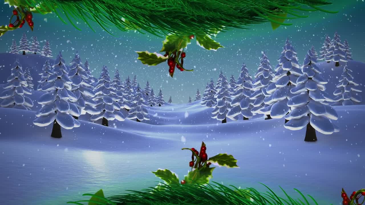 Animazione di neve che cade su un paesaggio invernale.