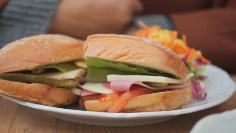 cerca de dos sándwiches en un plato con ensalada