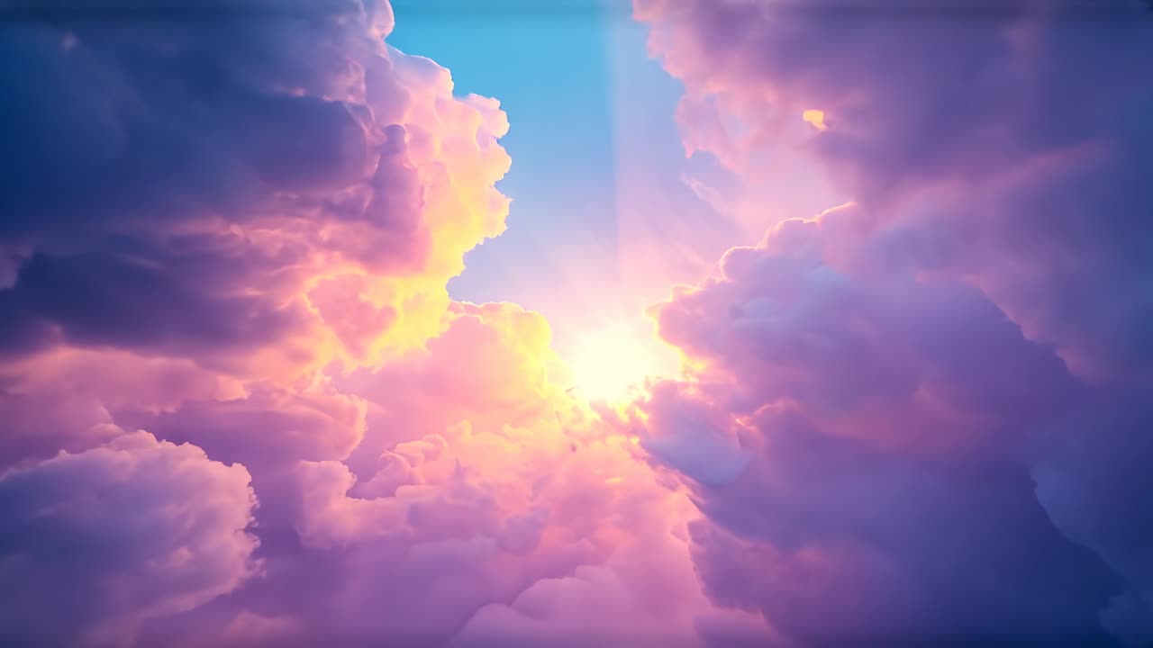 Parting central cloud corridor responding to faint golden glow above clouds, sunbeams spreading