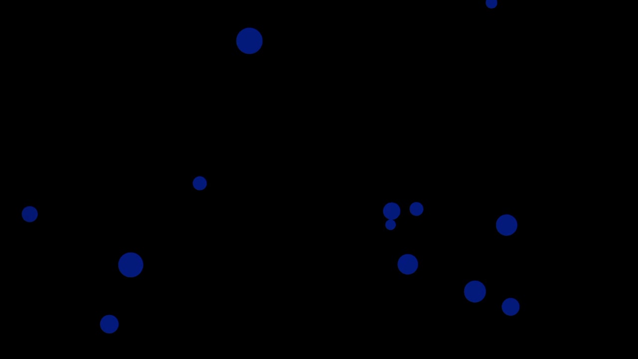 거품을 나타내는 작은 파란색 원의 디지털 애니메이션, 공간에서 이동, 검정색 배경에 격리