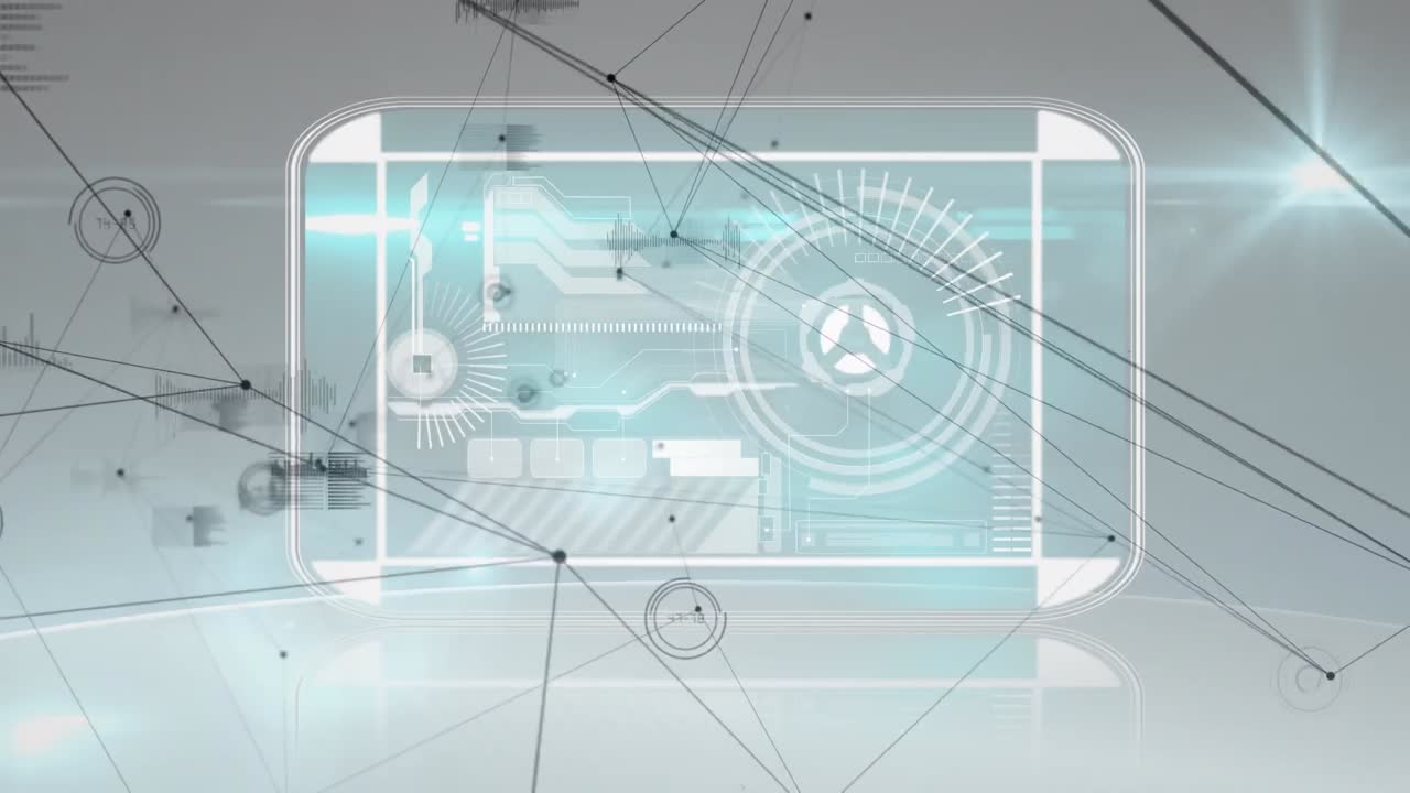 회색 배경에서 데이터 처리를 하는 디지털 인터페이스를 통한 연결 네트워크