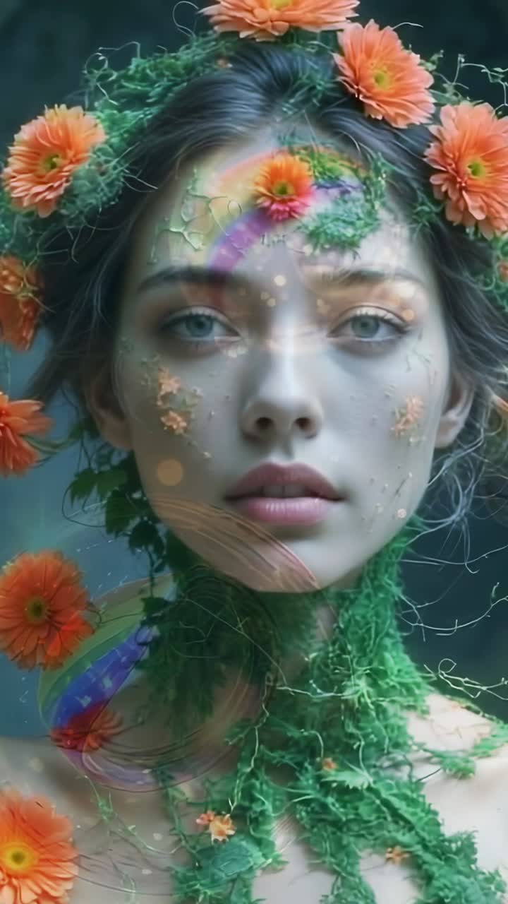 Vertical video: Gliding rainbow light across model's face in studio, with moss and orange blooms