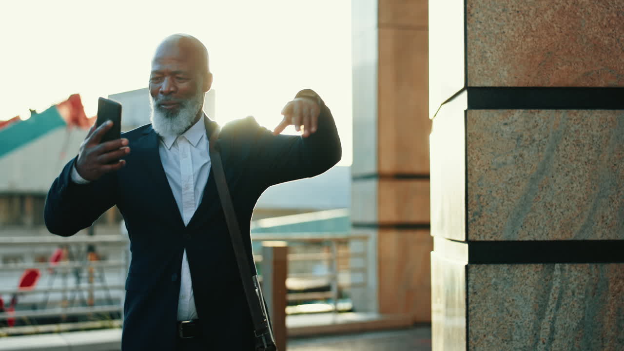 Phone, celebration and black man in city
