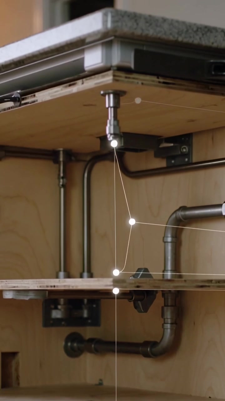 Vertical video: Turning bolt causing support pin lowering under counter aligning with shelf bracket