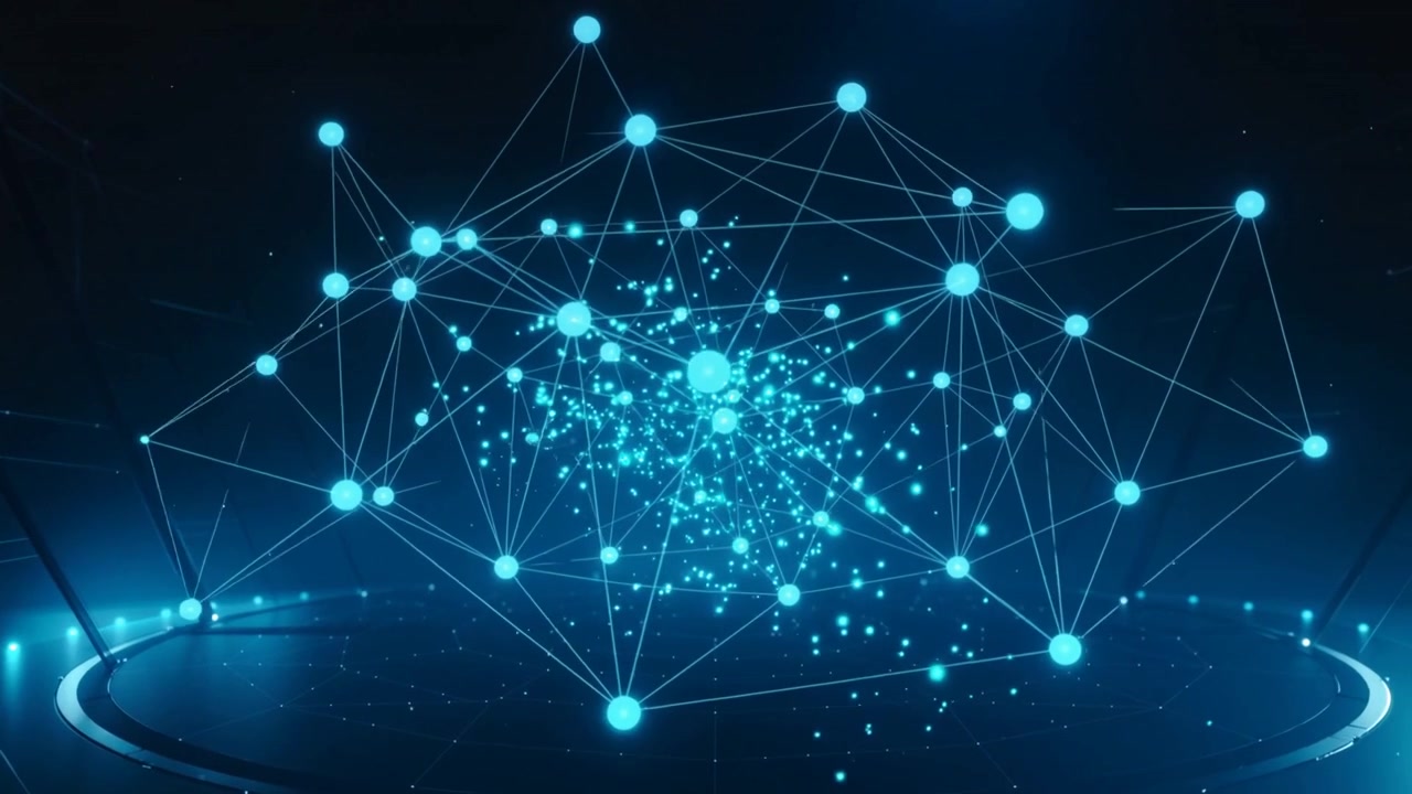 Converging cyan particles forming glowing hub network above round platform, to create pulsing mesh