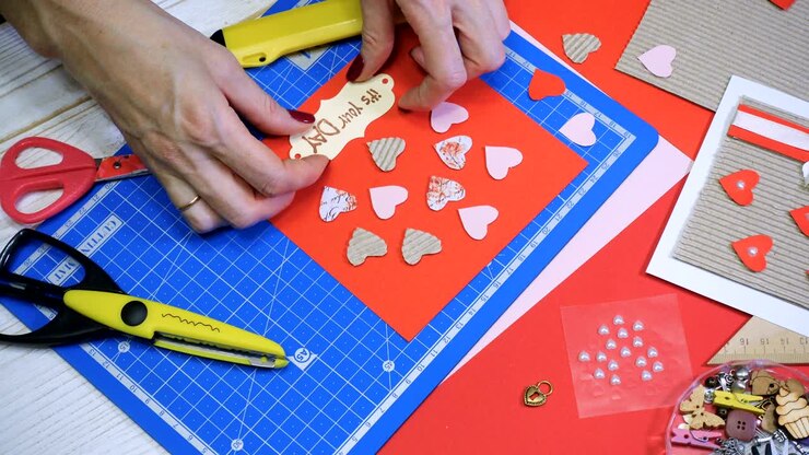 hands of girl making scrap Valentine greeting card