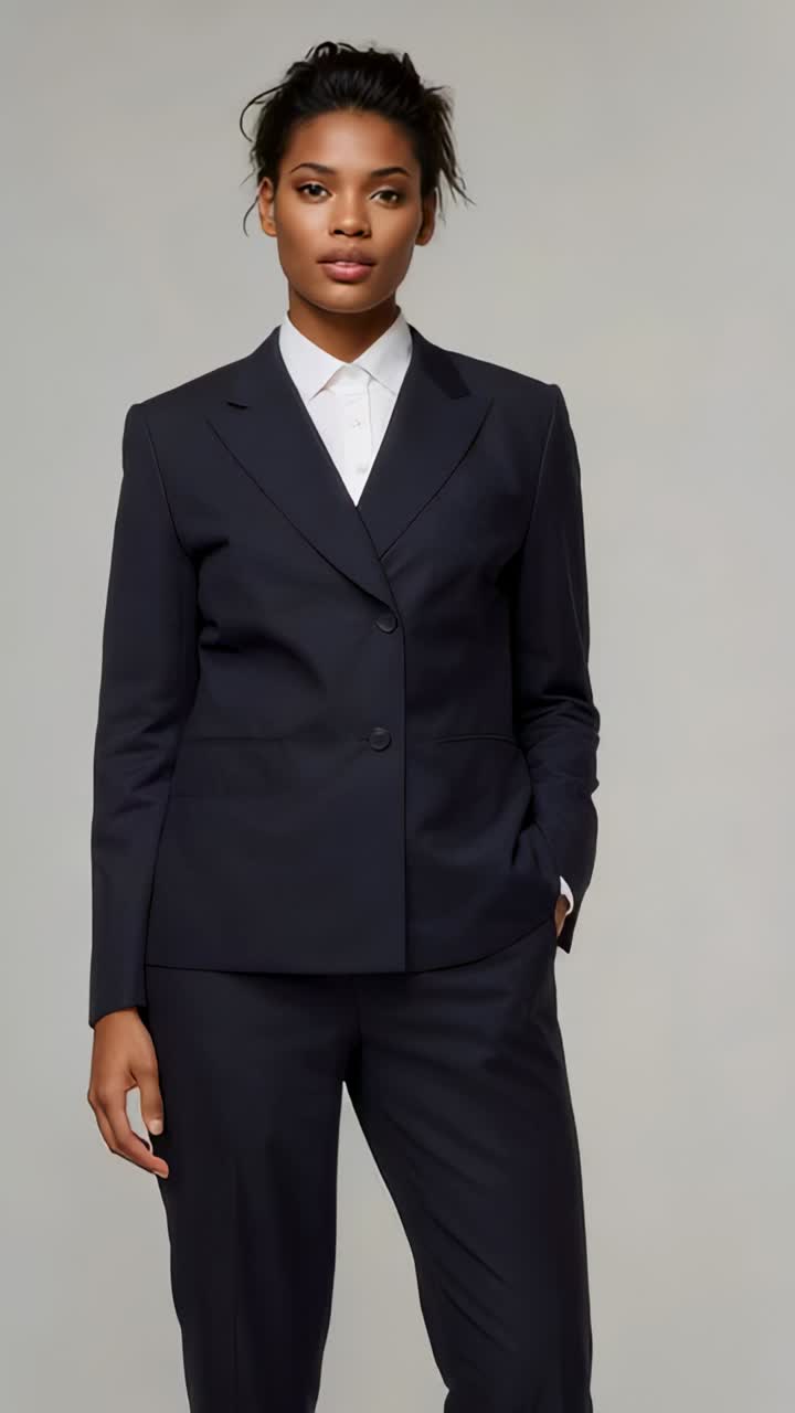 Vertical video: Standing woman smiling while camera tightening at studio navy blazer hand in pocket