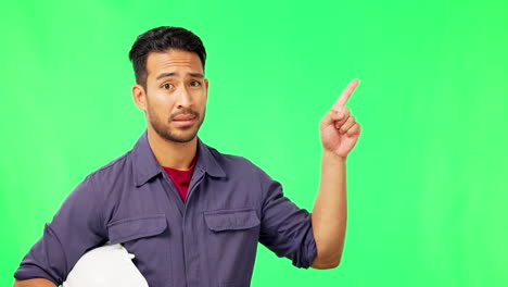 Asian-man,-engineer-and-pointing-on-green-screen