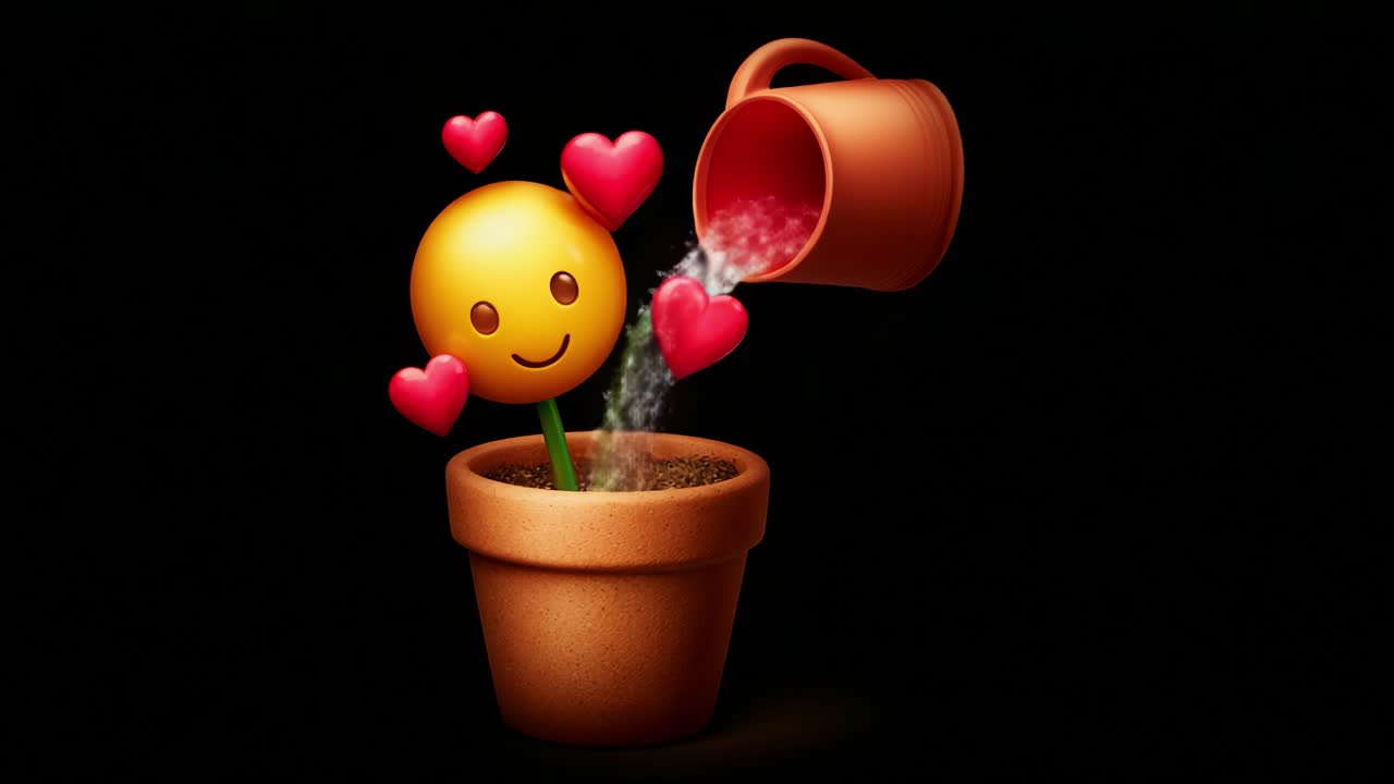 A cheerful emoji flower with hearts is being lovingly watered from a pot, symbolizing care, affection, and nurturing in a creative and colorful virtual garden scene
