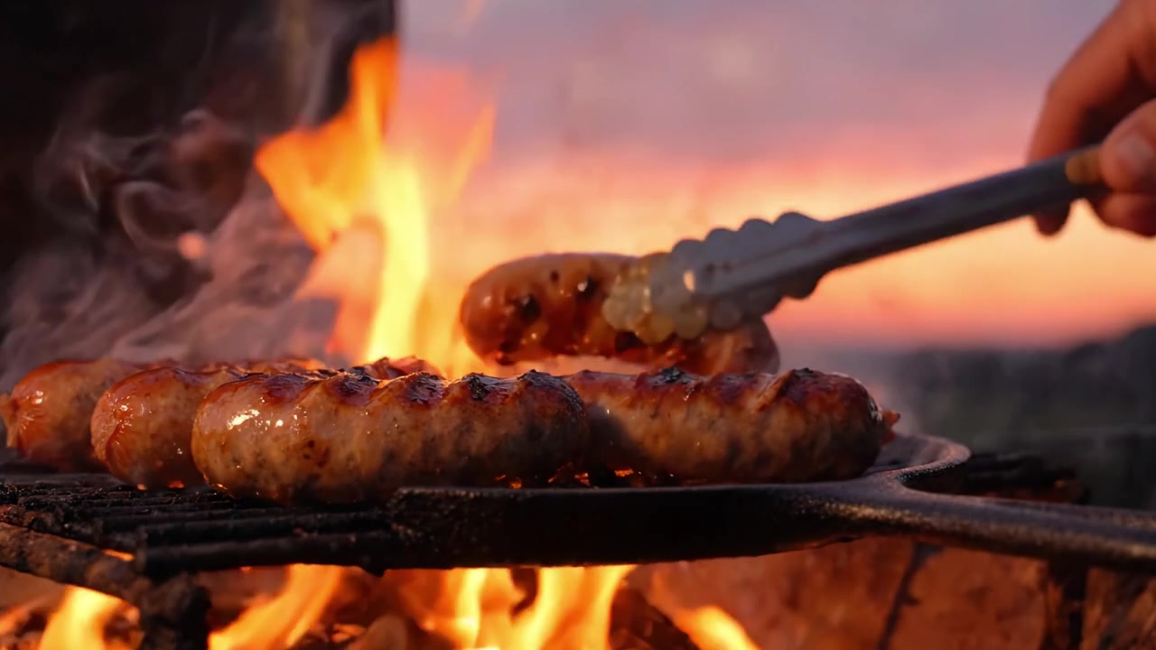 Salsicce Sfrigolanti su una Griglia Sopra un Falò al Crepuscolo: Aromi Acquolina in Bocca e uno Sfondo di Braci Ardenti Creano un'Esperienza Culinaria Invitante