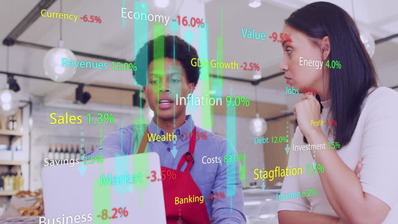 animación del procesamiento de datos financieros sobre diversas personas en el café.