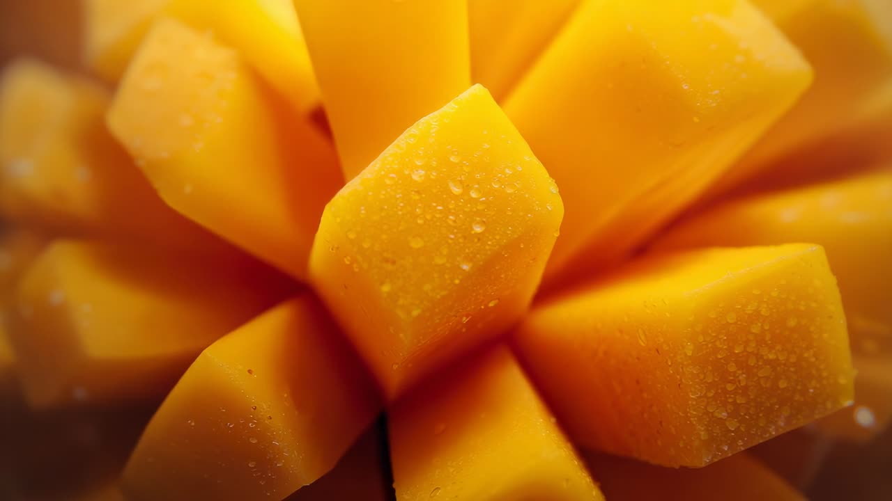 Camera orbiting mango cube arrangement revealing shifting highlights on water droplets in studio