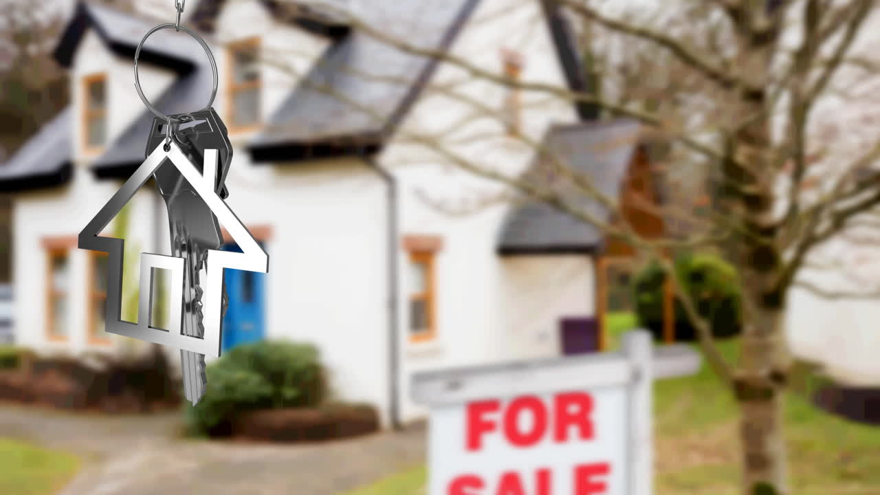 은색 집 키  ⁇ 과 열 ⁇ 의 애니메이션, 판매 표지판과 함께 흐릿한 집 앞에 매달려 있습니다.