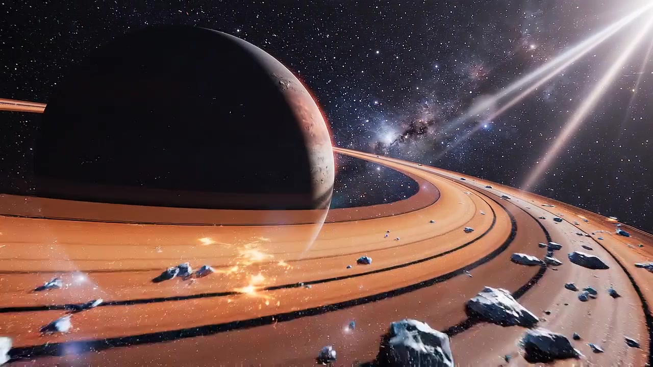 Majestic planet with golden rings and floating asteroids in space