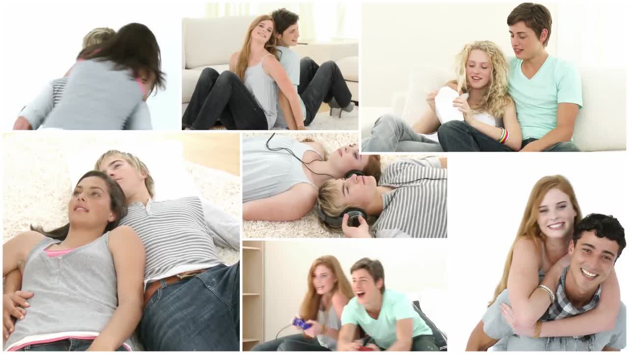 젊은  ⁇ 만적 인 커플이 휴식을 취하는 몽타지