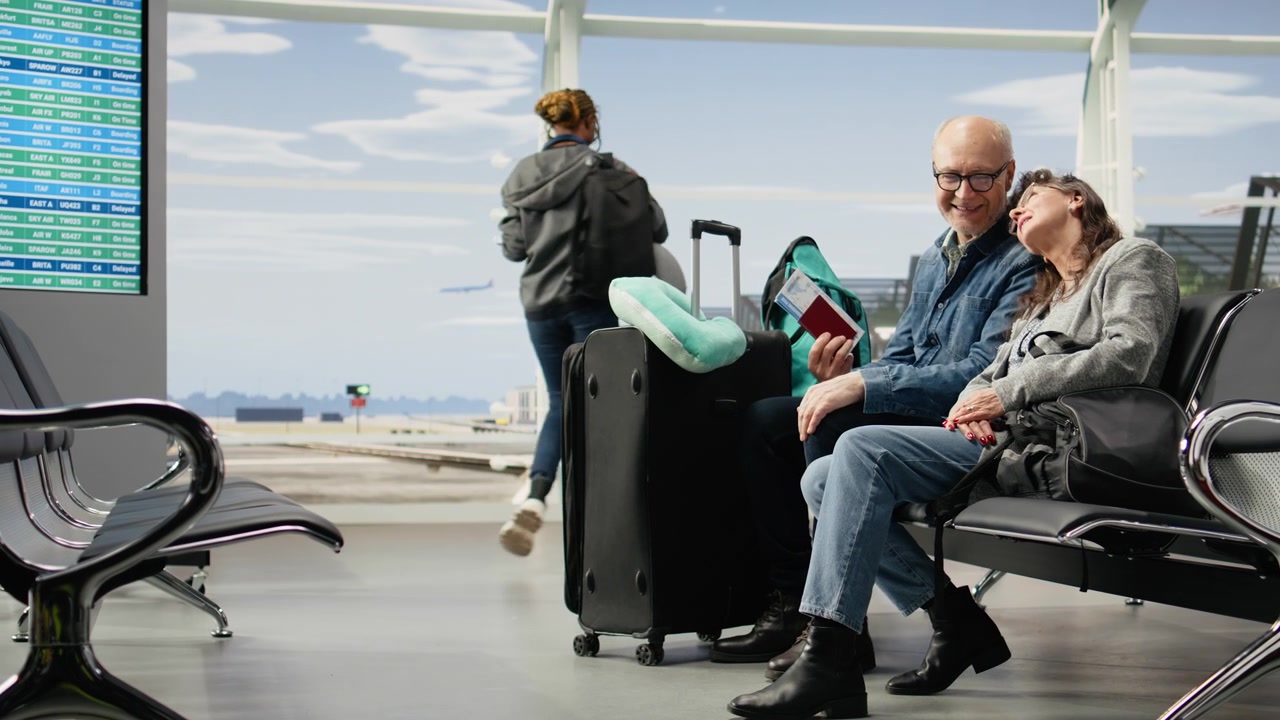 Pensionati felici che si rilassano in una lounge dell'aeroporto con i bagagli vicino al gate.