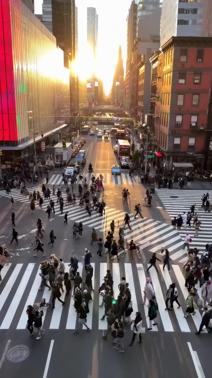 Aerial video view of a bustling city intersection at sunset, capturing vibrant urban life