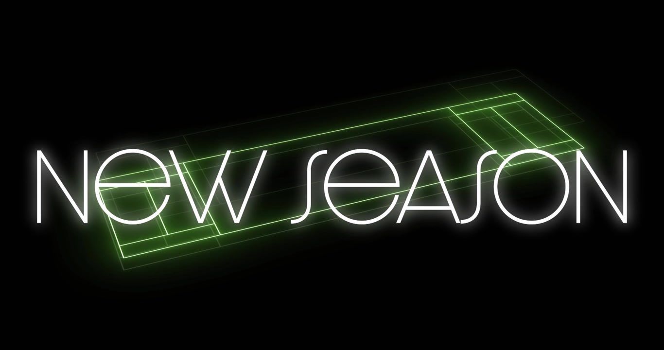 Animazione di testo 'nuova stagione' su un campo sportivo al neon su sfondo nero.