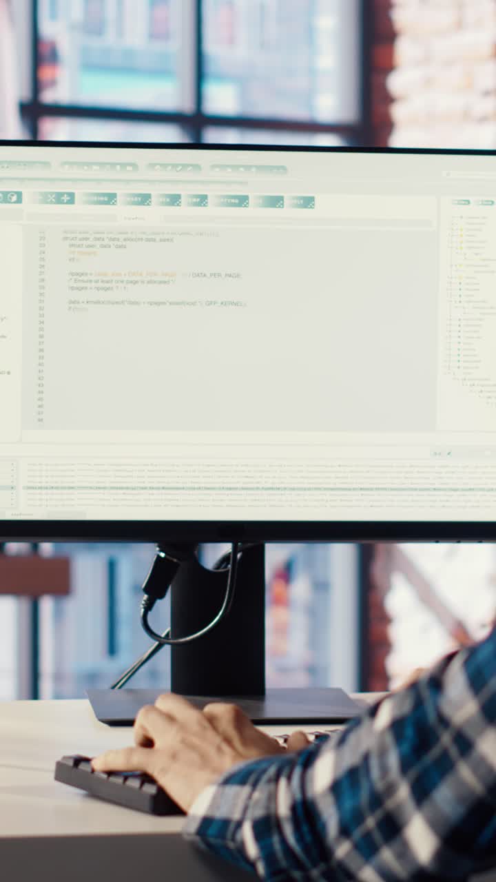 Vertical video Man in home office fixing errors in application using chroma key device and PC