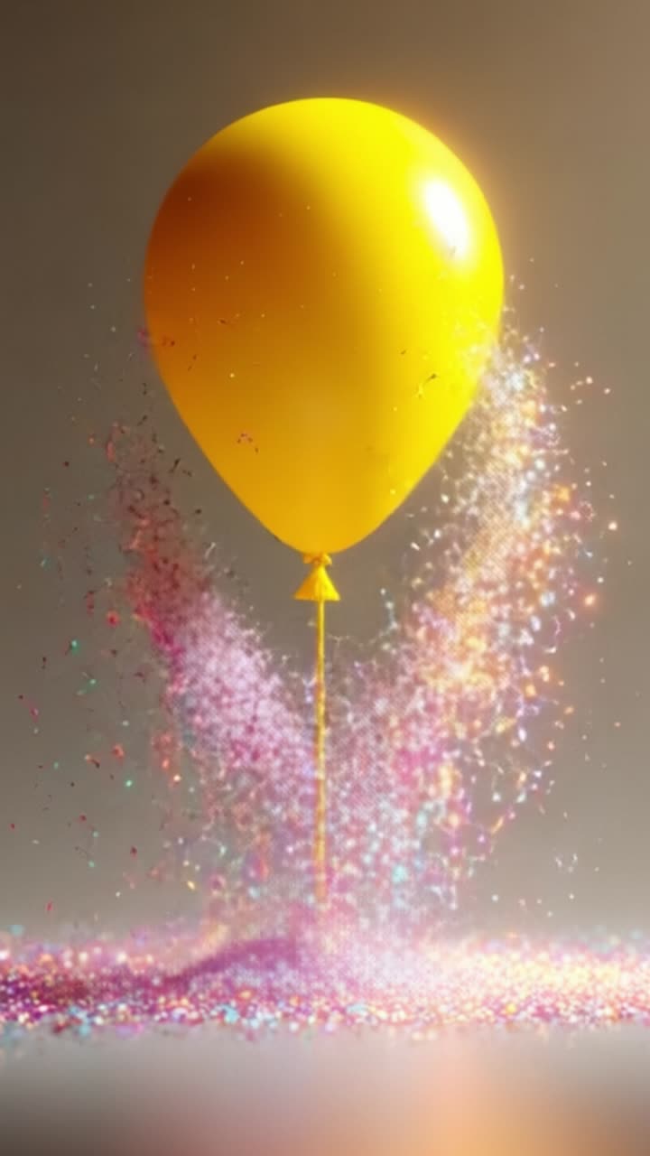 Un palloncino giallo circondato da glitter colorati che esplode con scintille e creatività, catturando un momento di gioia e festività in un'atmosfera luminosa