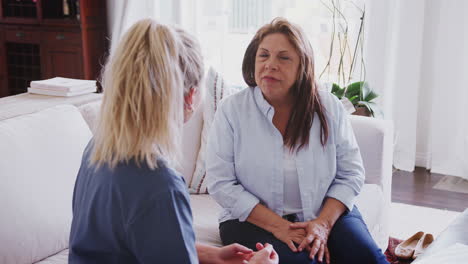 Middle-aged-woman-sitting-on-sofa-talking-to-healthcare-worker-during-a-home-health-visit,-close-up