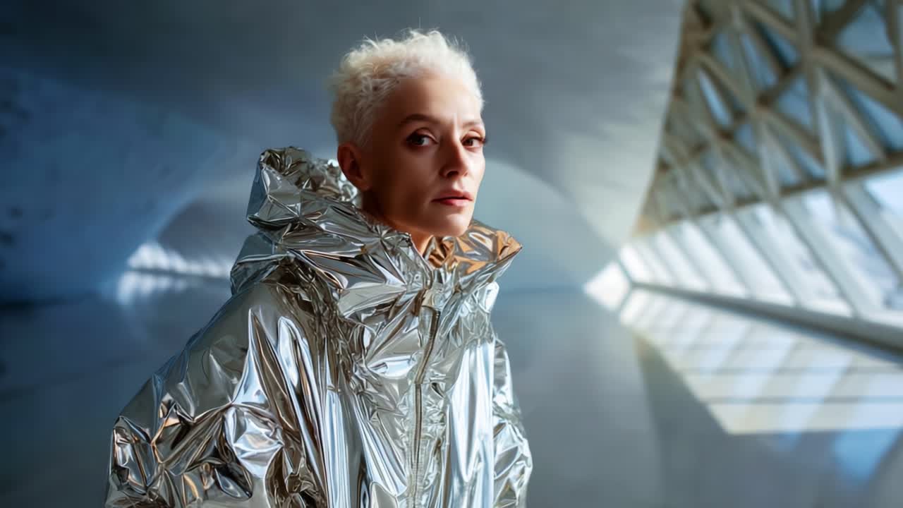 Una figura futuristica avvolta in abiti riflettenti si erge in uno spazio etereo e moderno, catturando un'aura di intrigo e stile tra linee architettoniche eleganti e illuminazione soffusa