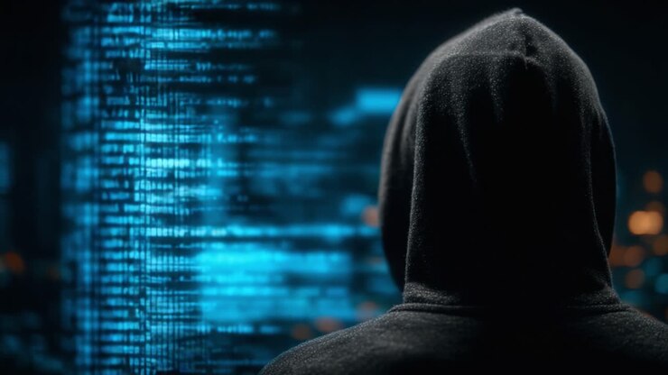 Una figura misteriosa con una giacca con cappuccio che osserva codice che scorre, evidenziando temi di cybersecurity, azioni anonime e intrigo digitale nel mondo moderno.