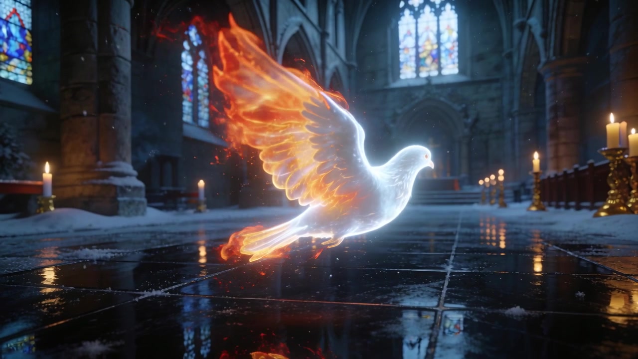 Colomba splendente che ascende, con fiamme sulle ali che divampano, che si innalza verso l'altare nella navata, lasciando una scia di particelle di brace