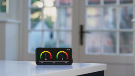 close up of smart energy meter measuring electricity and gas use in kitchen at home - shot in slow motion