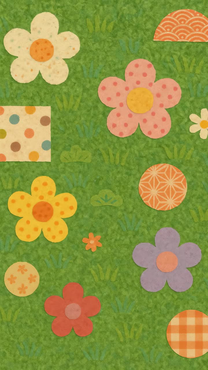 Top-down view of colorful, patterned flowers on green grass