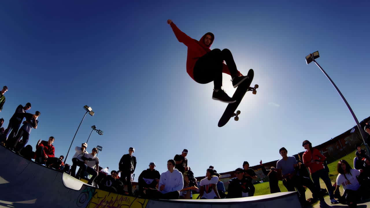 Skateboarding action at a sunny outdoor skate park