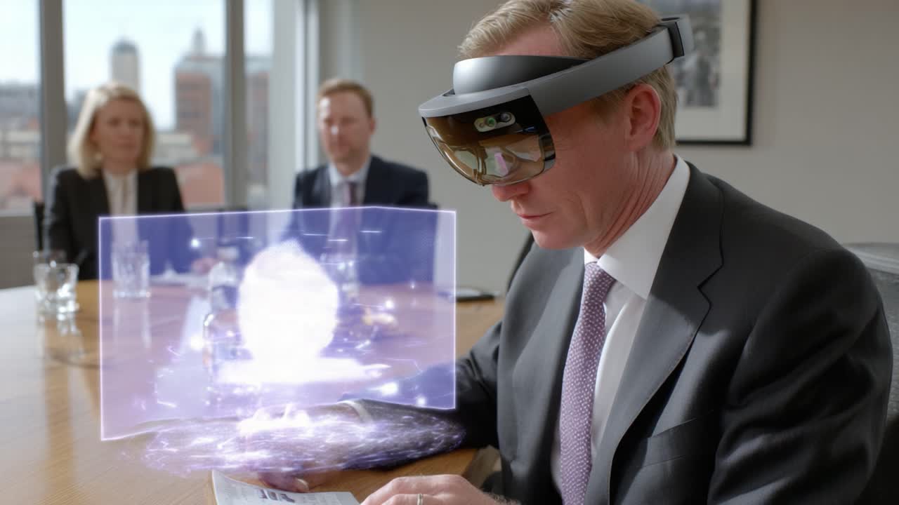 A business professional immerses himself in an augmented reality experience, utilizing innovative technology to visualize data during a corporate meeting, showcasing the future of collaboration
