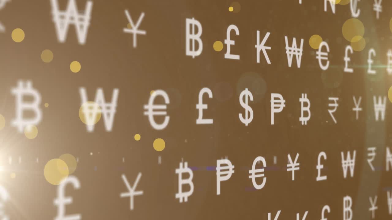 노란색 반점과 빛의 반점 위에 여러 통화 기호의 애니메이션