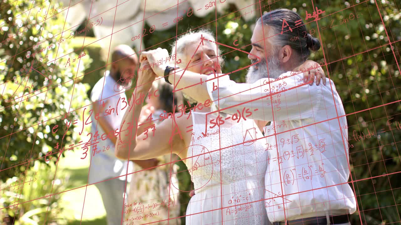 Mature man raising woman's hand, guiding twirl in garden tech red grid growing to visualize motion