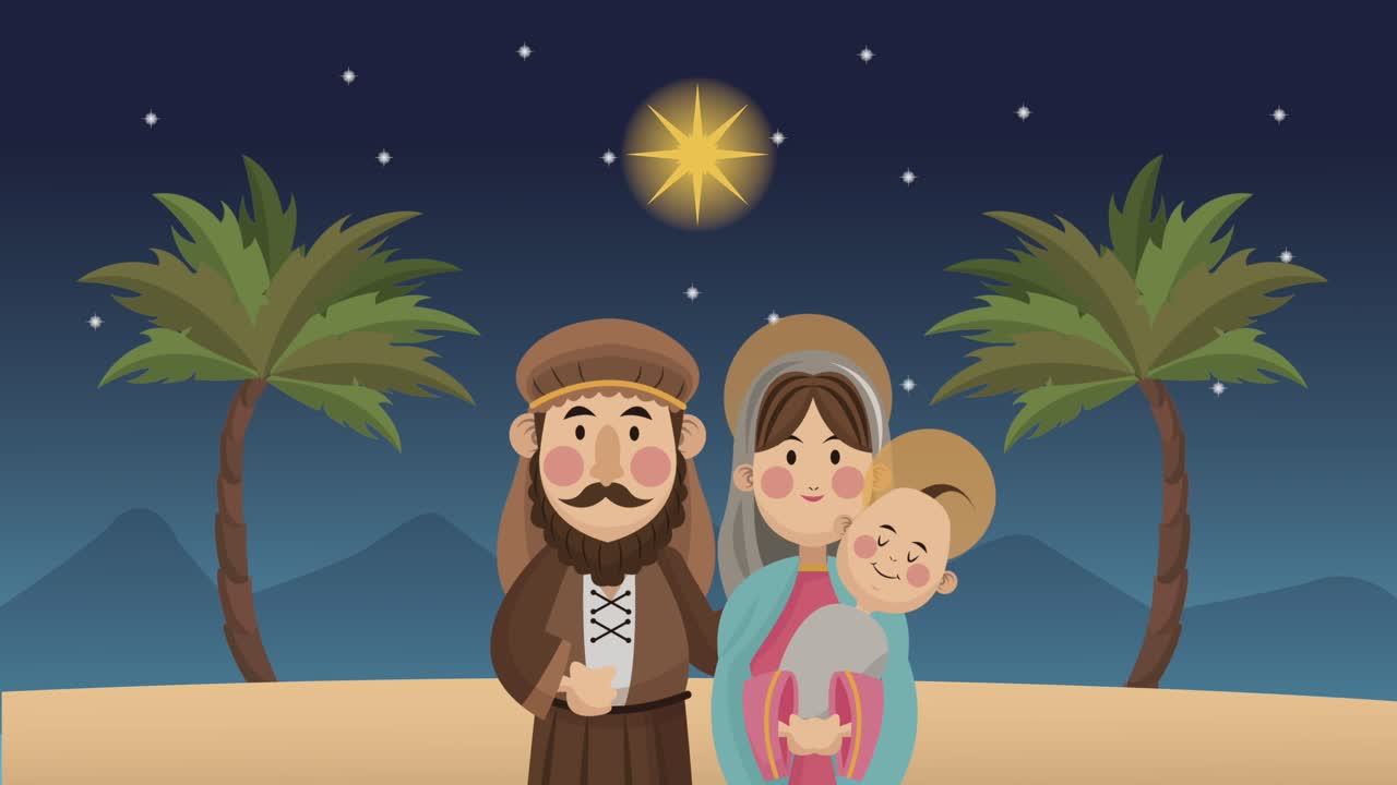 animación de feliz navidad con la sagrada familia en el desierto