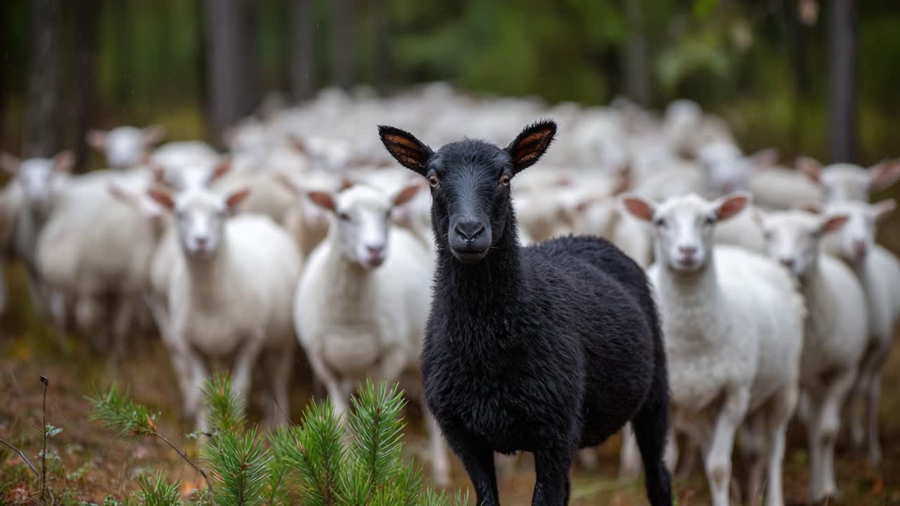 A Striking Contrast: A Black Sheep Stands Out Among a Herd of White Sheep in a Lush Forested Environment, Capturing the Unique Beauty of Rural Life