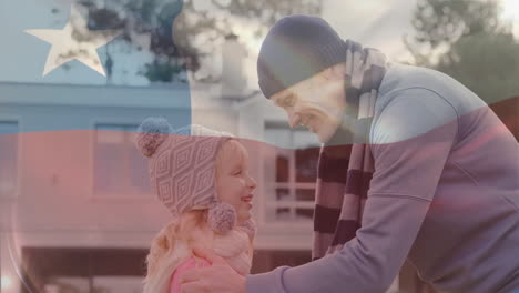 Animation of flag of chile over caucasian father kissing his daughter in forehead
