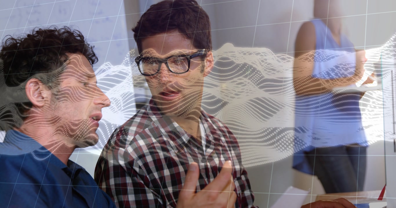 Left man leaning in and speaking, two men reviewing notepad for business, wave overlay across frame
