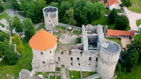 aerial shot of cesis´s castle in cesis, latvia