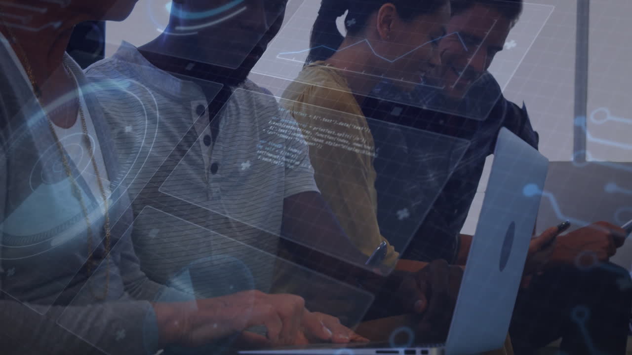 Diverse group collaborating on laptops with digital interface overlay animation