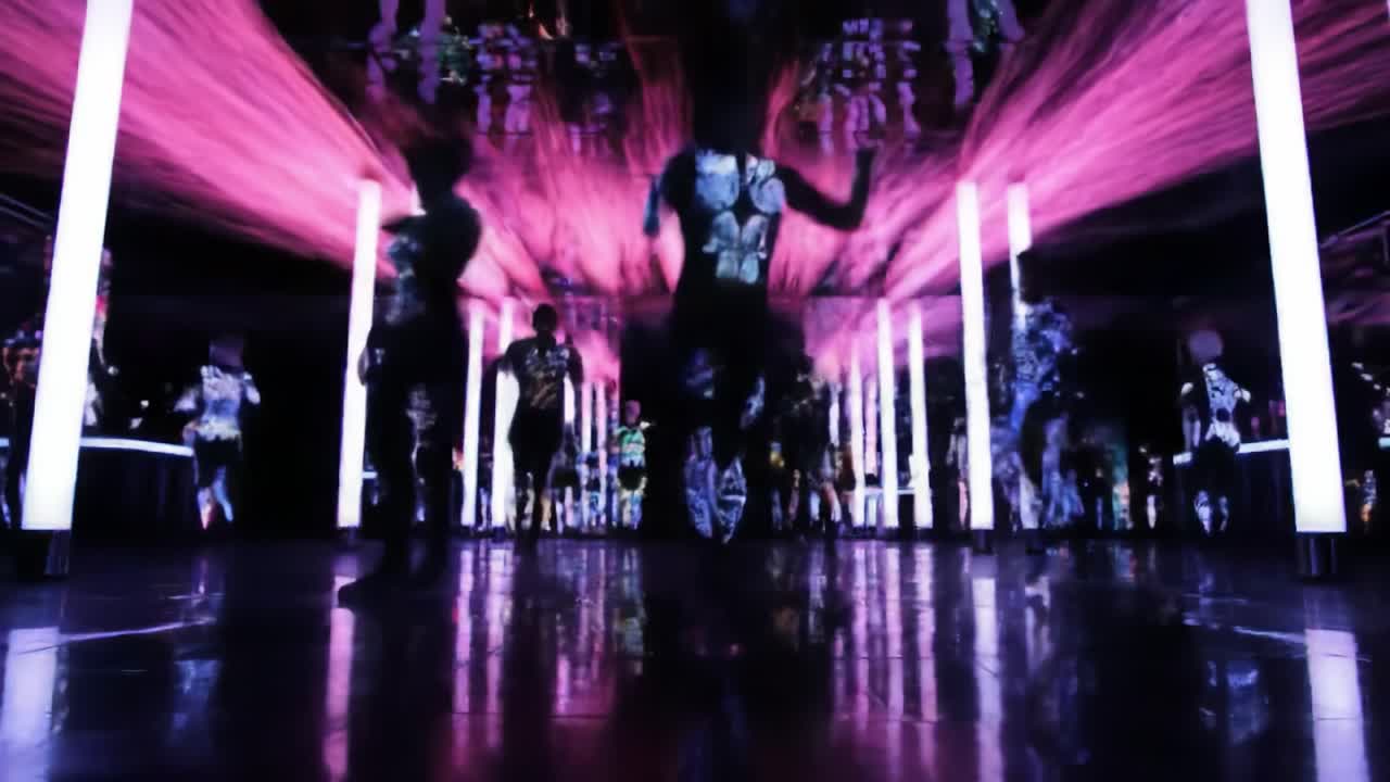 Dynamic Dance Performance Illuminated by Mesmerizing Light Patterns in a Modern Art Installation Setting, Showcasing Creative Choreography and Artistic Expression