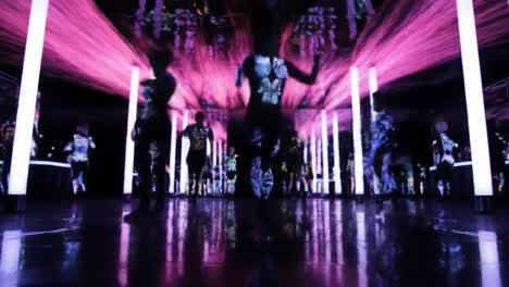 dynamic dance performance illuminated by mesmerizing light patterns in a modern art installation setting, showcasing creative choreography and artistic expression